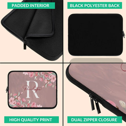 Pink Cherry Blossom Monogram Custom Name Laptop Sleeve